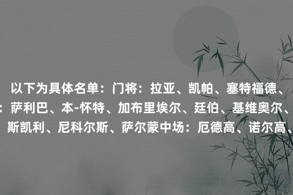 以下为具体名单：门将：拉亚、凯帕、塞特福德、阿里克谢-罗哈斯后卫：萨利巴、本-怀特、加布里埃尔、廷伯、基维奥尔、津琴科、卡拉菲奥里、斯凯利、尼科尔斯、萨尔蒙中场：厄德高、诺尔高、梅里诺、洛孔加、祖比门迪、赖斯、科普利先锋：萨卡、马丁内利、特罗萨德、恩瓦内里、尼尔森、哈弗茨、卡比亚、说念曼、阿努斯    体育录像/图片