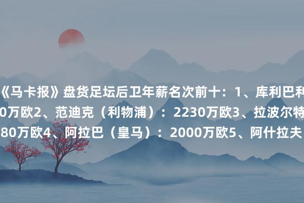 《马卡报》盘货足坛后卫年薪名次前十：1、库利巴利（利雅得月牙）：3090万欧2、范迪克（利物浦）：2230万欧3、拉波尔特（利雅得告捷）：2180万欧4、阿拉巴（皇马）：2000万欧5、阿什拉夫（巴黎）：1940万欧6、卢卡斯-埃尔南德斯（巴黎）：1690万欧7、斯通斯（曼城）：1390万欧8、里斯-詹姆斯（切尔西）：1390万欧9、坎塞洛（利雅得月牙）：1360万欧10、阿方索-戴维斯（拜仁）：